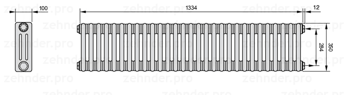 Схема (чертеж) Радиатор Zehnder Charleston 3035/29 №7610 Белый глянцевый RAL 9016